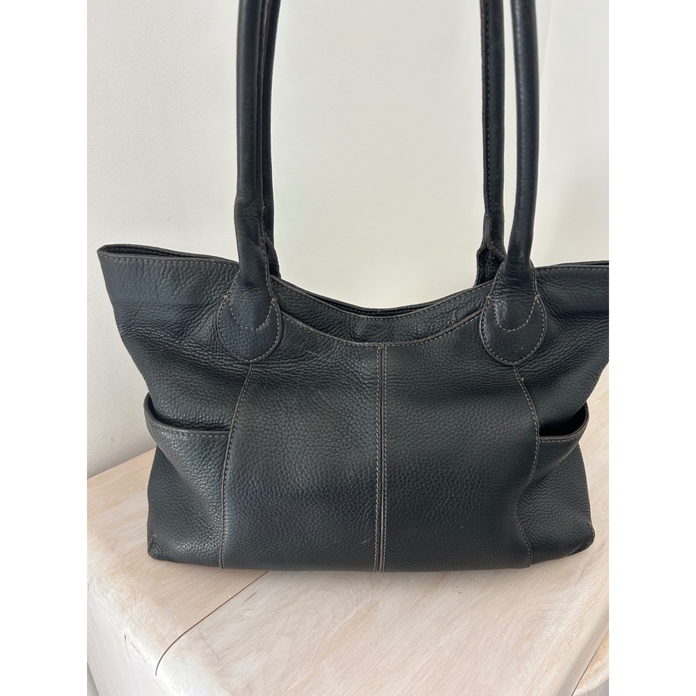 J. Jill Black Pebbled Genuine Leather Tote Shoulder Bag with Contrast Stitching